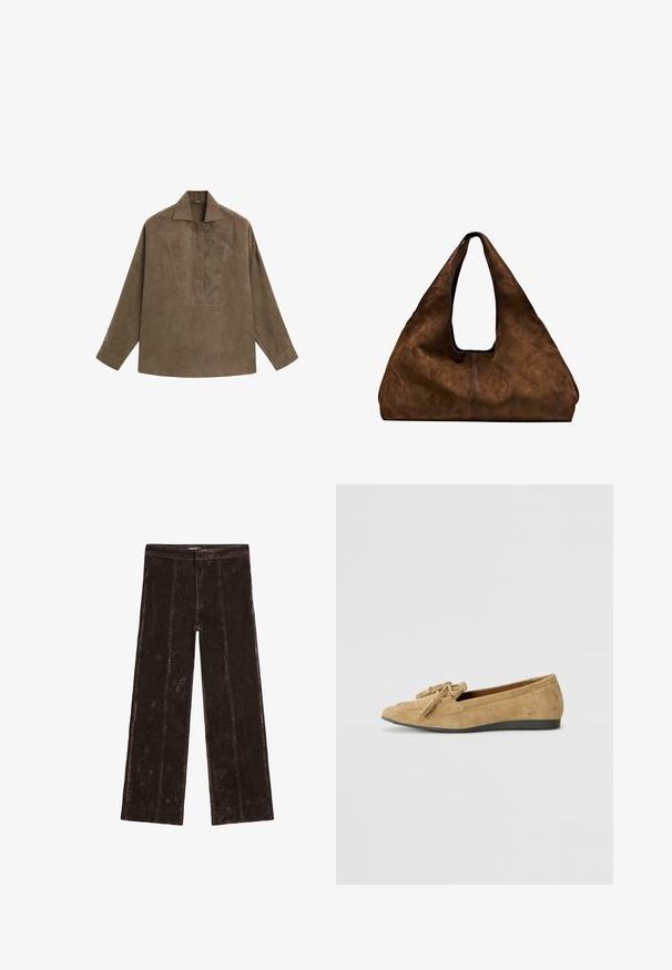 Brun mocka pullover skjorta med klassisk krage, långa ärmar och en frontplacketdesign. Slät textur med subtil lyster.; Vidbyxlade byxor i mörkbrun, med beskedlig känsla av mocka, vertikala sömmar och ett elastiskt midjeband för komfort.; Snygga läderskor i ljusbrun mocka med rund tå och dekorativt tofsdetalj. Sulan är av texturerad svart gummi för bra grepp.; Brun mocka axelväska med öppen topp. Har en djup, bred kropp, urgröpt handtag och minimal sömnad för en ren design.