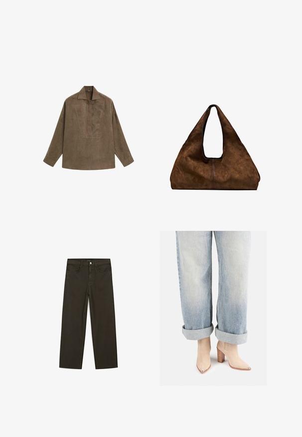 Brązowa zamszowa koszula typu pulower z klasycznym kołnierzykiem, długimi rękawami oraz zaszewką z przodu. Gładka faktura z subtelnym połyskiem.; Ciemnozielone spodnie dżinsowe typu wide-leg wykonane z mieszanki bawełny, z zamkiem na guzik z przodu, pięcioma kieszeniami i klasycznym przeszyciem dżinsowym.; Beżowe zamszowe botki za kostkę z wysmuklonym noskiem i metalicznym akcentem na obcasie, połączone z jasnoniebieskimi dżinsami zwiniętymi na dole.; Brązowa zamszowa torba na ramię z otwartą górą. Posiada głęboką, szeroką konstrukcję, uchwyt wycięty oraz minimalne przeszycia dla czystego designu.