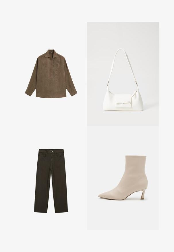 Hnědá semišová pulovrová košile s klasickým límcem, dlouhými rukávy a designem s předním zapínáním. Hladký povrch s jemným leskem.; Tmavě zelené široké džínsy vyrobené z bavlněné směsi, s předním zapínáním na knoflík, pěti kapsami a klasickým denimovým stehem.; Steve Madden LULAH - Kotníková obuv - bone; Bílá syntetická kabelka v trojúhelníkovém tvaru, s plochým předním klopným víkem a detailem mašle, nastavitelným popruhem, hladkým povrchem a minimalistickým designem.