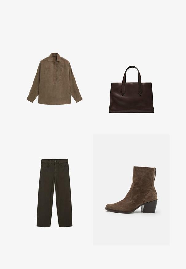 Brown suede pullover shirt featuring a classic collar, long sleeves, and a front placket design. Smooth texture with subtle sheen.; Dark green wide-leg jeans made of cotton blend, featuring a front button closure, five pockets, and classic denim stitching.; Brown suede ankle boots with a pointed toe, side zipper, and a chunky heel. Features smooth texture and minimal stitching details.; Brown leather tote bag with two elongated handles, structured rectangular shape, smooth texture, and subtle stitching details.