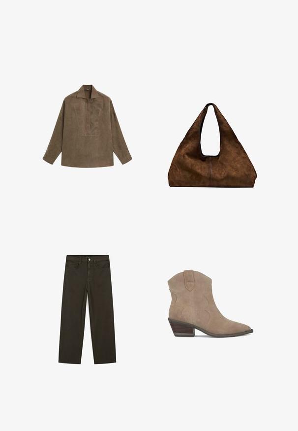 Brązowa zamszowa koszula typu pulower z klasycznym kołnierzykiem, długimi rękawami oraz zaszewką z przodu. Gładka faktura z subtelnym połyskiem.; Ciemnozielone spodnie dżinsowe typu wide-leg wykonane z mieszanki bawełny, z zamkiem na guzik z przodu, pięcioma kieszeniami i klasycznym przeszyciem dżinsowym.; Beżowe zamszowe botki za kostkę z ostro zakończonym noskiem, zakrzywionymi przeszyciami i rozkładaną podeszwą. Posiadają pętelkę ułatwiającą zakładanie.; Brązowa zamszowa torba na ramię z otwartą górą. Posiada głęboką, szeroką konstrukcję, uchwyt wycięty oraz minimalne przeszycia dla czystego designu.