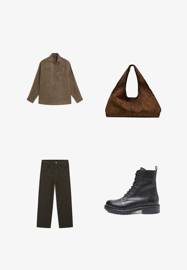 Bruin suède pullover shirt met een klassieke kraag, lange mouwen en een ontwerp met een voorplacket. Vlotte textuur met een subtiele glans.; Donkergroene wijde jeans van een katoenmix, met een sluiting met een voorste knop, vijf zakken en klassieke denimstiksels.; Zwarte leren enkelboot met ronde neus, vetersluiting, gestructureerde bovenkant en duurzame rubberen zool. Heeft een trekhaak aan de hiel.; Bruine suède schoudertas met een open bovenkant. Heeft een diepe, brede vorm, een uitsnijdend handvat en een minimale stiksels voor een strak ontwerp.
