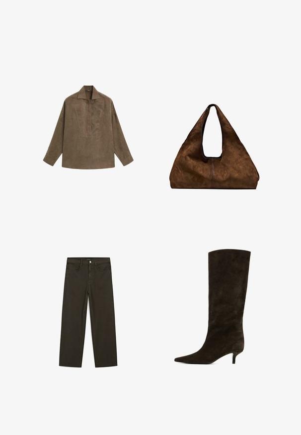 Hnědá semišová pulovrová košile s klasickým límcem, dlouhými rukávy a designem s předním zapínáním. Hladký povrch s jemným leskem.; Tmavě zelené široké džínsy vyrobené z bavlněné směsi, s předním zapínáním na knoflík, pěti kapsami a klasickým denimovým stehem.; Hnědá semišová kozačka sahající ke kolenům s špičatou špičkou a nízkým podpatkem typu kitten, s hladkou texturou a bezešvým designem.; Hnědá semišová taška přes rameno s otevřeným vrchem. Disponuje hlubokým a širokým tělem, vyřezávaným držadlem a minimálním prošíváním pro čistý design.