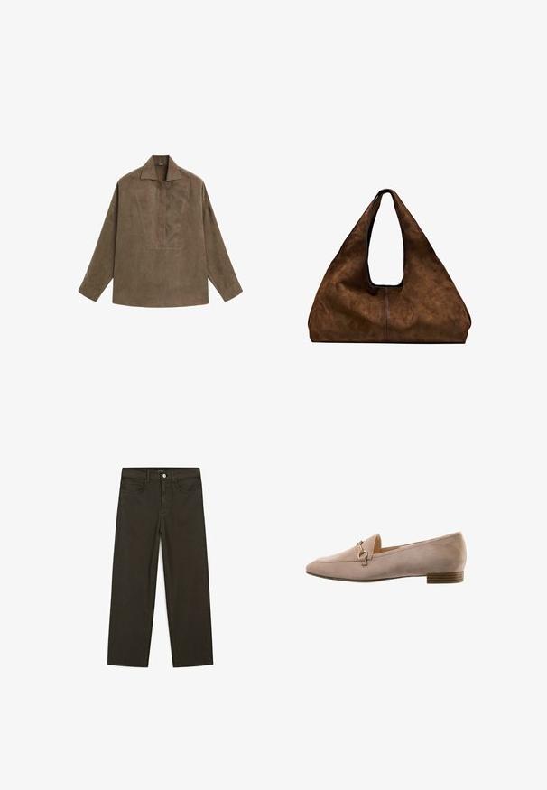 Brun mocka pullover skjorta med klassisk krage, långa ärmar och en frontplacketdesign. Slät textur med subtil lyster.; Mörkgröna vida jeans i bomullsblandning, med knäppning fram, fem fickor och klassisk denimstickning.; Beige mockakskor med spetsig tå, liten klack och accent av guldfärgad metall. Slät textur med minimalistiska designelement.; Brun mocka axelväska med öppen topp. Har en djup, bred kropp, urgröpt handtag och minimal sömnad för en ren design.