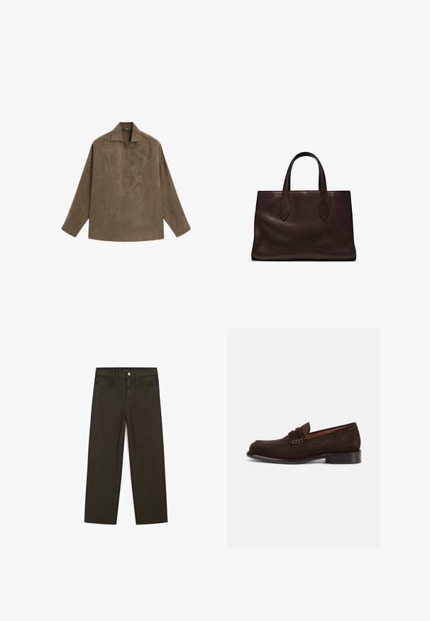 Brown suede pullover shirt featuring a classic collar, long sleeves, and a front placket design. Smooth texture with subtle sheen.; Dark green wide-leg jeans made of cotton blend, featuring a front button closure, five pockets, and classic denim stitching.; Brown suede loafers with a rounded toe, stitched detailing, and a small decorative accent on the strap. Flat heel design.; Brown leather tote bag with two elongated handles, structured rectangular shape, smooth texture, and subtle stitching details.