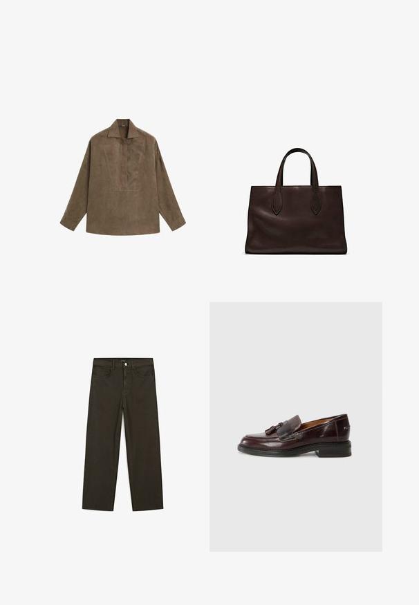 Camicia pullover in suede marrone con colletto classico, maniche lunghe e una chiusura frontale a patta. Tessuto liscio con una leggera lucentezza.; Jeans a gamba larga di colore verde scuro, realizzati in tessuto misto cotone, dotati di chiusura con bottone frontale, cinque tasche e cuciture classiche in denim.; Mocassini in pelle marrone con un accentuato nappo, punta arrotondata, tacco basso a blocco e suola texturizzata. Finitura liscia con dettagli di cucitura discreti.; Borsa a spalla in pelle marrone con due manici lunghi, forma rettangolare strutturata, texture liscia e dettagli di cucitura sottili.