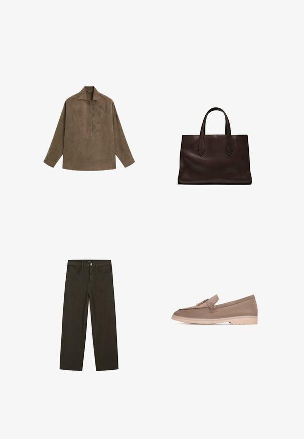 Camicia pullover in suede marrone con colletto classico, maniche lunghe e una chiusura frontale a patta. Tessuto liscio con una leggera lucentezza.; Jeans a gamba larga di colore verde scuro, realizzati in tessuto misto cotone, dotati di chiusura con bottone frontale, cinque tasche e cuciture classiche in denim.; Mocassino in pelle marrone con una texture liscia, dotato di una banda decorativa e di dettagli in oro, poggiato su una suola in gomma beige chiara.; Borsa a spalla in pelle marrone con due manici lunghi, forma rettangolare strutturata, texture liscia e dettagli di cucitura sottili.