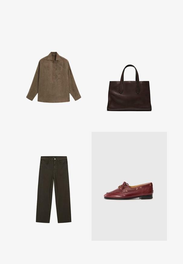 Braunes Wildleder-Pulloverhemd mit klassischem Kragen, langen Ärmeln und einem Frontschlitz-Design. Glatte Textur mit subtiler Schattierung.; Dunkelgrüne Jeans im weit geschnittenen Style, hergestellt aus einem Baumwollgemisch. Sie verfügen über einen Frontknopfverschluss, fünf Taschen und klassische Denim-Nähte.; Bordeauxfarbene Lederbootschuhe mit runder Spitze, Schnürdesign, goldenen Ösen und einer niedrigen schwarzen Sohle. Glatte Textur mit Nähdetails.; Braune Ledertasche mit zwei langen Griffen, strukturierte rechteckige Form, glatte Textur und dezente Nähdetails.