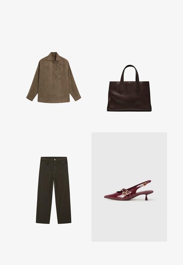 Brown suede pullover shirt featuring a classic collar, long sleeves, and a front placket design. Smooth texture with subtle sheen.; Dark green wide-leg jeans made of cotton blend, featuring a front button closure, five pockets, and classic denim stitching.; Burgundy patent leather slingback shoe with a pointed toe, two flat straps featuring gold buckles, and a small heel.; Brown leather tote bag with two elongated handles, structured rectangular shape, smooth texture, and subtle stitching details.