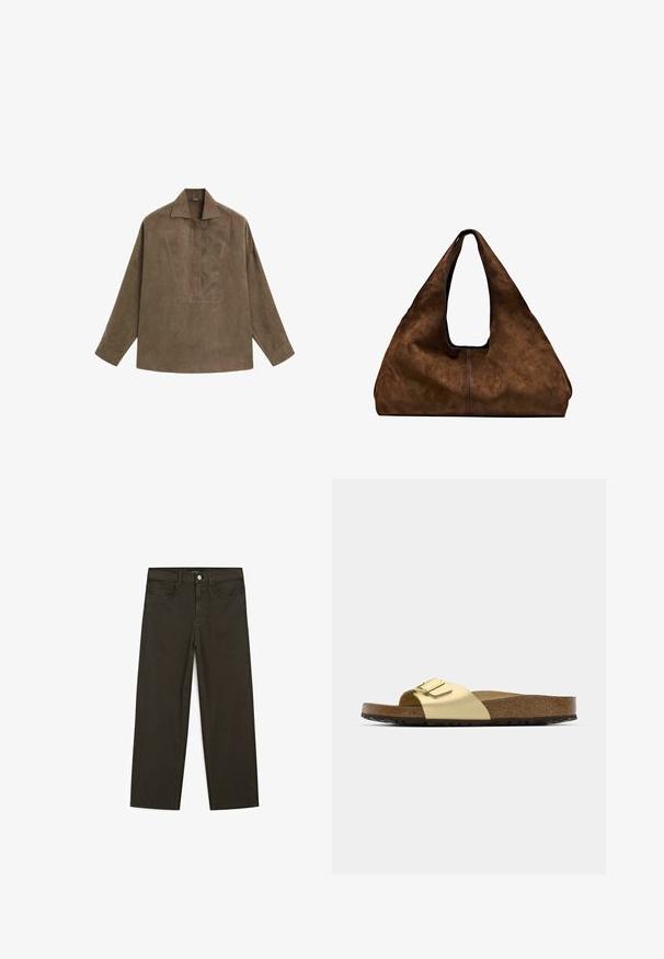Braunes Wildleder-Pulloverhemd mit klassischem Kragen, langen Ärmeln und einem Frontschlitz-Design. Glatte Textur mit subtiler Schattierung.; Dunkelgrüne Jeans im weit geschnittenen Style, hergestellt aus einem Baumwollgemisch. Sie verfügen über einen Frontknopfverschluss, fünf Taschen und klassische Denim-Nähte.; Goldfarbene synthetische Slide-Sandale mit einem einzigen Riemen und Schnallenakzent, ausgestattet mit einem braunen Korkfußbett und einer strukturierten Gummisohle.; Braune Wildleder-Schultertasche mit offenem Oberteil. Sie verfügt über einen tiefen, breiten Körper, einen ausgeschnittenen Griff und minimale Nähte für ein sauberes Design.