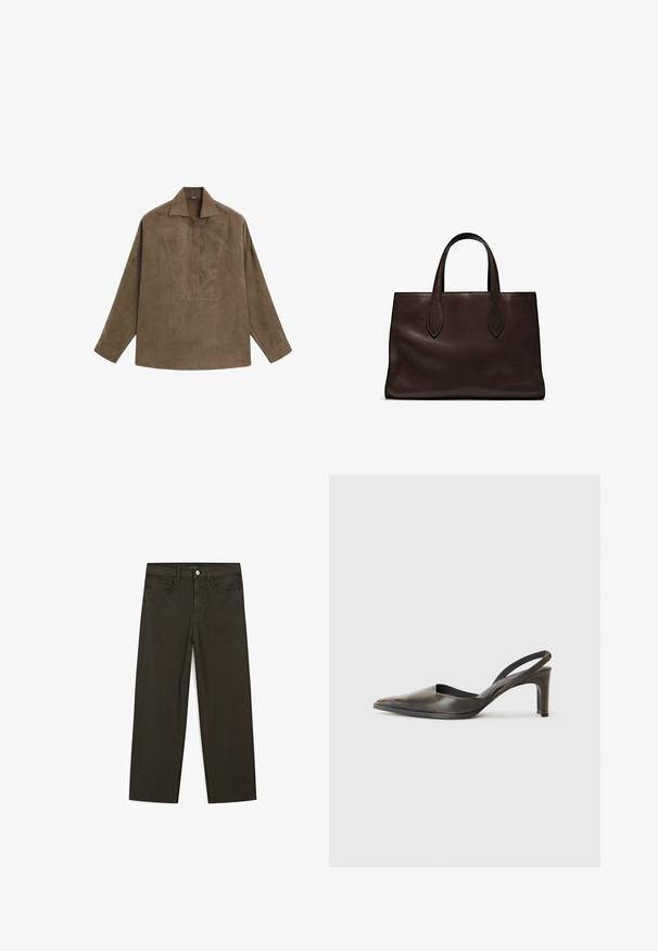 Brun mocka pullover skjorta med klassisk krage, långa ärmar och en frontplacketdesign. Slät textur med subtil lyster.; Mörkgröna vida jeans i bomullsblandning, med knäppning fram, fem fickor och klassisk denimstickning.; Pekad tån slingback-klack i mörkbrunt läder med en slät yta, utrustad med en smal rem och en klack i medelhöjd.; Brun läder tote-väska med två avlånga handtag, strukturerad rektangulär form, slät textur och subtila sömdetaljer.