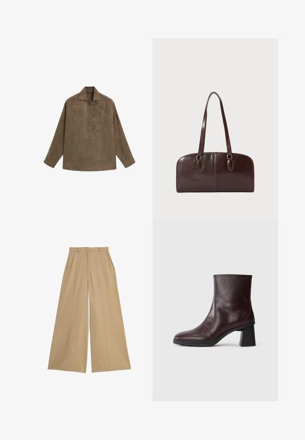 Brązowa zamszowa koszula typu pulower z klasycznym kołnierzykiem, długimi rękawami oraz zaszewką z przodu. Gładka faktura z subtelnym połyskiem.; Beżowe spodnie wide-leg wykonane z lekkiego materiału, z dwoma bocznymi kieszeniami, płaskim przodem oraz gładką fakturą.; Ciemnobrązowy skórzany botek sięgający kostki z blokowym obcasem i okrągłym noskiem, wyeksponowany na jednolitym jasnoszarym tle.; Brązowa skórzana torebka z dwoma długimi uchwytami, o strukturalnym prostokątnym kształcie, gładkiej fakturze i zaokrąglonych krawędziach. Posiada akcentowane detale przy uchwytach.