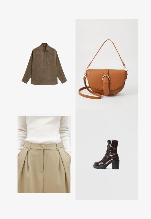 Brązowa zamszowa koszula typu pulower z klasycznym kołnierzykiem, długimi rękawami oraz zaszewką z przodu. Gładka faktura z subtelnym połyskiem.; NA-KD - Spodnie materiałowe; Błyszczące bordowe botki za kostkę z masywną czarną obcasem, charakteryzujące się gładką teksturą i prostym wzornictwem. Brak widocznych zapięć lub wzorów.; Brązowa skórzana torba na ramię o zaokrąglonym kształcie, ze złotymi akcentami i zapięciem w formie klamry. Posiada odpinany pasek na ramię.
