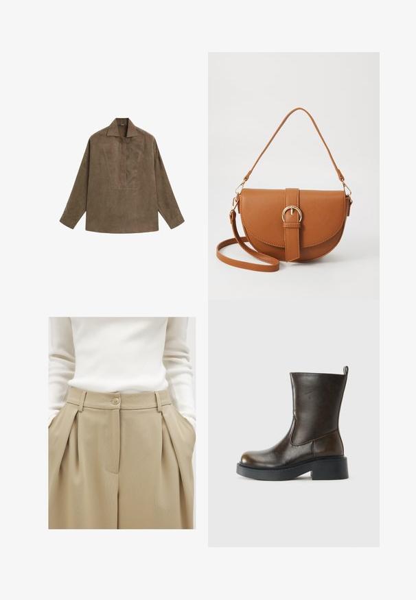 Brązowa zamszowa koszula typu pulower z klasycznym kołnierzykiem, długimi rękawami oraz zaszewką z przodu. Gładka faktura z subtelnym połyskiem.; NA-KD - Spodnie materiałowe; Ciemnobrązowe skórzane botki do kostki z okrągłym czubkiem, grubą czarną podeszwą, niskim obcasem w kształcie bloku oraz pętelką z tyłu.; Brązowa skórzana torba na ramię o zaokrąglonym kształcie, ze złotymi akcentami i zapięciem w formie klamry. Posiada odpinany pasek na ramię.