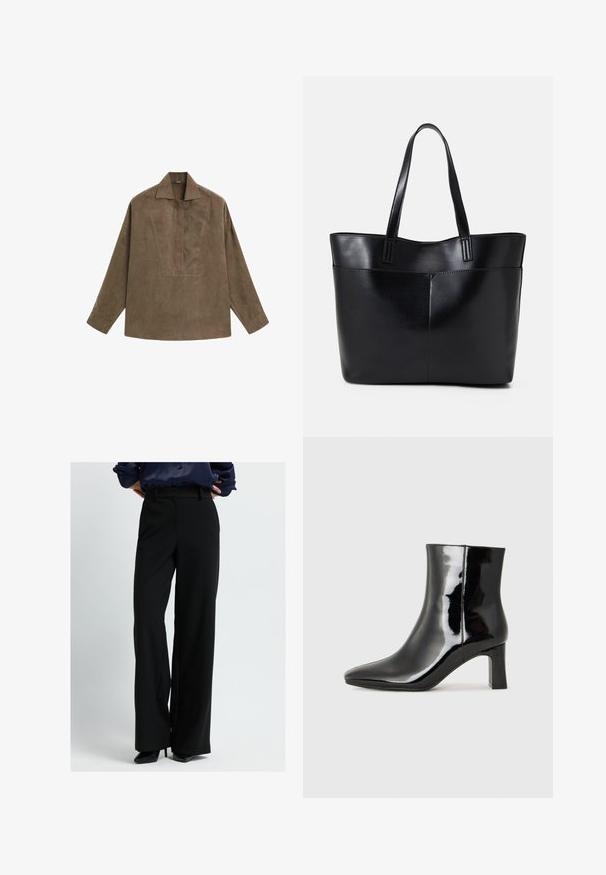 Bruin suède pullover shirt met een klassieke kraag, lange mouwen en een ontwerp met een voorplacket. Vlotte textuur met een subtiele glans.; Vrouw in zwarte hoge taille wijde broek en zwarte puntige hakken, staande met handen op de heupen tegen een neutrale achtergrond.; Zwarte gepolijste leren enkellaars met een spitse neus en een blokhak van gemiddelde hoogte. Glad textuur en minimalistisch ontwerp.; Zwarte leren tote bag met twee lange handvatten, een zachte textuur en een gestructureerde vorm. Voorzien van een voorvak voor extra opslagruimte.