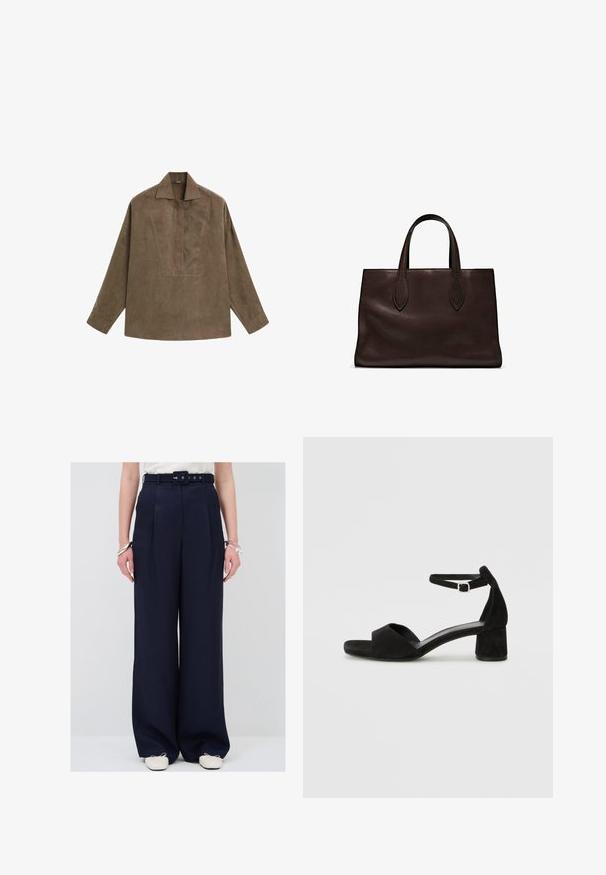 Braunes Wildleder-Pulloverhemd mit klassischem Kragen, langen Ärmeln und einem Frontschlitz-Design. Glatte Textur mit subtiler Schattierung.; Marinefarbene weite Hose mit hohem Bund und Gürtel, versehen mit Falten und einer glatten Stoffstruktur. Kombiniert mit hellen Schuhen.; Schwarze Wildleder-Espadrilles mit einem dünnen Knöchelriemen, offener Zehenpartie und moderatem Blockabsatz. Glatte Textur und minimale Akzente.; Braune Ledertasche mit zwei langen Griffen, strukturierte rechteckige Form, glatte Textur und dezente Nähdetails.