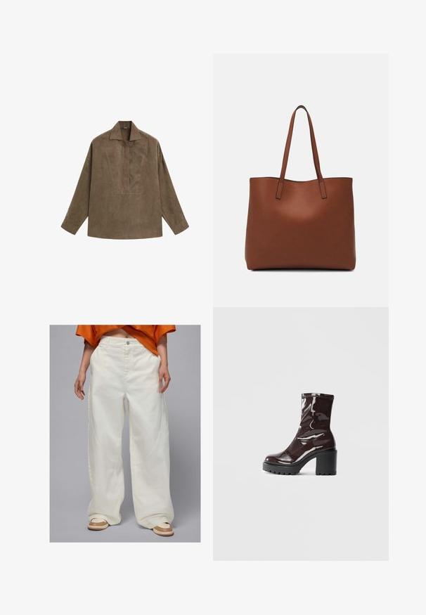 Bruin suède pullover shirt met een klassieke kraag, lange mouwen en een ontwerp met een voorplacket. Vlotte textuur met een subtiele glans.; Wijdvallende witte denim broek met zijzakken en een rechte snit, met een knoopsluiting en contrasterende stiksels.; Glanzende bordeauxrode enkelboot met een chunky zwarte hak, met een gladde textuur en een eenvoudig ontwerp. Geen zichtbare sluitingen of patronen.; Bruine leren tote bag met een gladde textuur, een ontwerp met een open bovenkant en twee schouderbanden. Kenmerkt zich door minimale stiksels en geen zichtbare hardware.