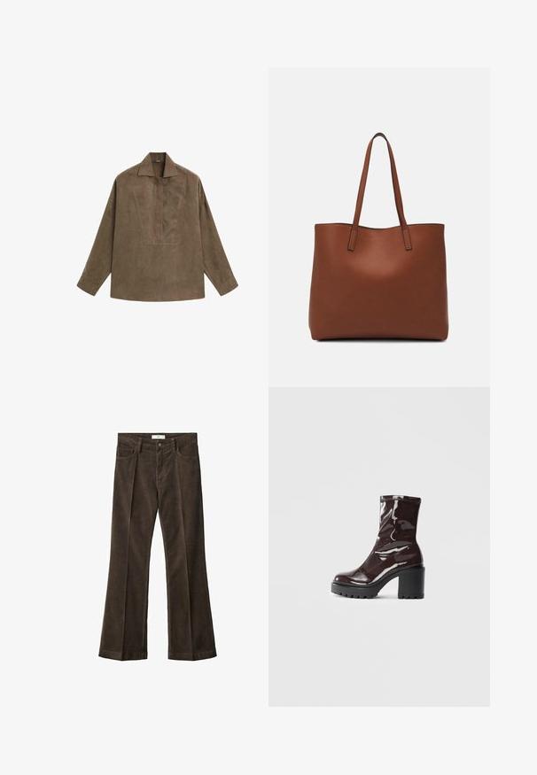 Braunes Wildleder-Pulloverhemd mit klassischem Kragen, langen Ärmeln und einem Frontschlitz-Design. Glatte Textur mit subtiler Schattierung.; Braune Cord-Hosen mit weitem Bein und glatter Textur, ausgestattet mit fünf Taschen, einem Knopfverschluss und Gürtelschlaufen.; Glatte bordeauxrote Ankle Boots mit einem klobigen schwarzen Absatz, die eine glatte Oberfläche und ein einfaches Design aufweisen. Keine sichtbaren Verschlüsse oder Muster.; Braune Leder-Tote mit glatter Textur, offenem Oberteil und zwei Schulterriemen. Verfügt über minimale Nähte und keine sichtbaren Beschläge.