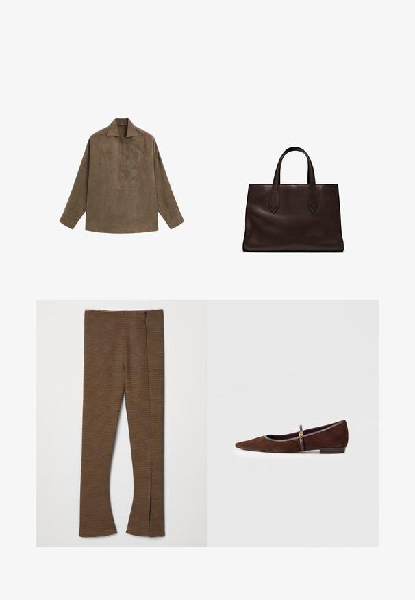Chemise pull en daim brun avec un col classique, des manches longues et un design à patte de boutonnage à l'avant. Texture lisse avec un léger éclat.; Pantalons évasés en vichy marron avec un tissu texturé, une taille haute et une fermeture éclair sur le côté.; Chaussure plate en suède marron avec un bout pointu, dotée d'une fine sangle et d'un accent en métal doré. La chaussure a un petit talon et un contour gris.; Sac tote en cuir marron avec deux poignées allongées, forme rectangulaire structurée, texture lisse et détails de couture subtils.