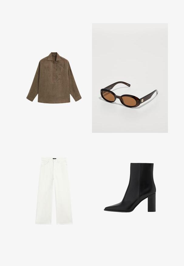 Bruin suède pullover shirt met een klassieke kraag, lange mouwen en een ontwerp met een voorplacket. Vlotte textuur met een subtiele glans.; Witte wijde jeans van denim. Heeft een vijf-pocket ontwerp en een ritssluiting met knoopsluiting. Gladde textuur en strakke lijnen.; Zwarte leren enkellaars met een spitse neus, vierkante hak, een gladde textuur en stikdetails langs de naden. De hakken zijn ongeveer 8,9 cm hoog.; Bruine schildpadzonnebril met ovale lenzen, met een dunne montuur en een kleine metalen accent aan de zijkant. Geverfd en gepolijst afwerking.; Zachte, gebreide crèmekleurige sjaal, losjes gevouwen aan de bovenkant met beide uiteinden recht naar beneden hangend.