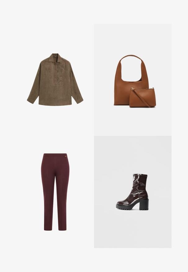 Brun mocka pullover skjorta med klassisk krage, långa ärmar och en frontplacketdesign. Slät textur med subtil lyster.; Burgundy stretchbyxor med en slät textur, en åtsittande design och ett enkelt midjeband; har en minimalistisch logotypdetalj.; Glansig bordeauxfärgad ankelsko med en kraftig svart klack, som har en slät yta och enkel design. Inga synliga stängningar eller mönster.; Brun syntetisk handväska med ett böjt handtag och en slät yta. Inkluderar en matchande liten påse med dragkedja. Minimalistisk design.