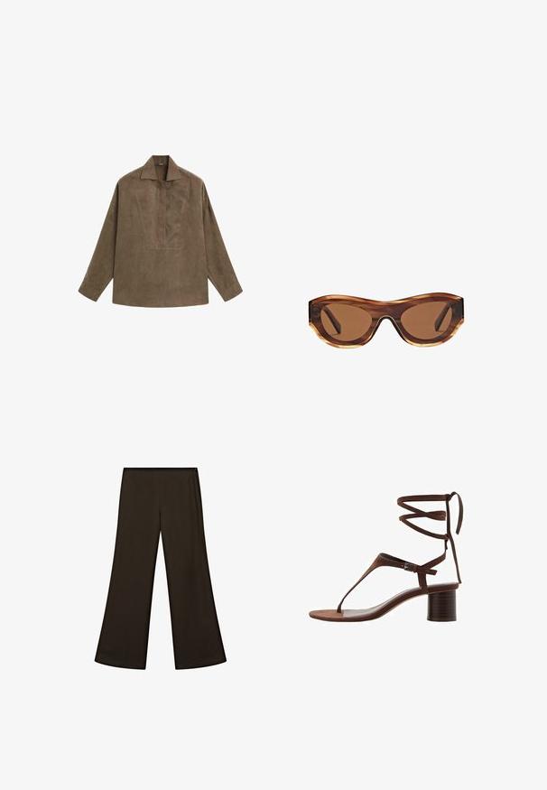 Bruin suède pullover shirt met een klassieke kraag, lange mouwen en een ontwerp met een voorplacket. Vlotte textuur met een subtiele glans.; Brede broekspijpen van donkerbruin stof, met een glabbe textuur en een rekbare tailleband voor comfort. Geen zichtbare patronen of beslag.; Bruine suède hoge hak sandaal met een driehoekige teband, enkellinten en een gestructureerde blokhak voor stabiliteit.; Zonnebril met een schildpadstructuur montuur, bruin gradient lenzen en een slanke cat-eye vorm. Gemaakt van lichtgewicht plastic met een glanzende afwerking.
