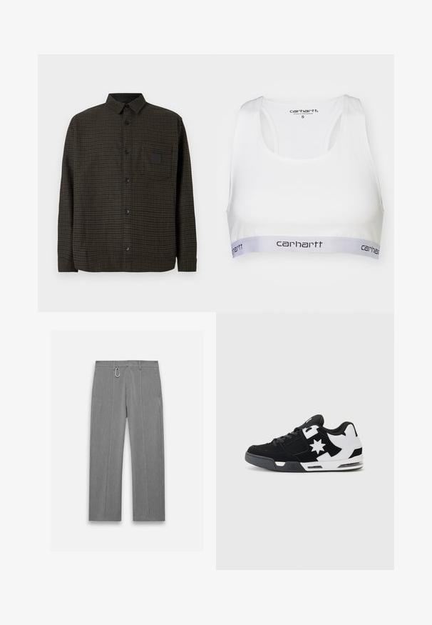 Button-up shirt in dark green checkered pattern, featuring a chest pocket, black buttons, and a collar. Made of textured fabric.; White sporty bra with a smooth fabric, racerback design, and a grey elastic band featuring the Carhartt logo in black. Size small.; Gray tailored pants with a textured finish. Features a front zipper, side pockets, and a silver hardware accent. Straight-leg design.; Black and white sneaker with suede and mesh materials. Features a prominent star logo and bold accents on the side, with a cushioned sole.