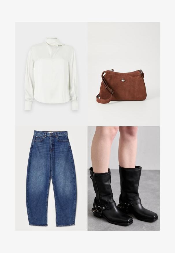 Valkoinen satiinipusero, jossa on korkea kaulus, edestä halkio, pitkät hihat ja napilliset kalvosimet. Tasainen pinta ja minimalistinen muotoilu.; Kangaspohjaiset farkut, joissa on rento mitoitus, keskikorkea vyötärö, syvä sininen väri, haalistunut pinta, viisi taskua ja suora lahkeensuu.; Musta nahkasaappaat polven ylle, joissa on neliön muotoinen kärki, sivuvetoketju ja säädettävä hihna, jossa on metalliketjuakcentti. Mattapinta ja tukevat pohjat.; Ruskea mokkahandbag, jossa on vetoketjula closure, säädettävä olkahihna ja hopeiset yksityiskohdat, sekä hienovarainen teksturoitu pinta.