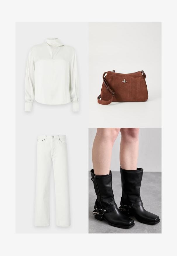 Biała satynowa bluzka z wysokim kołnierzem, przednim rozcięciem, długimi rękawami i zapinanymi na guziki mankietami. Gładka faktura i minimalistyczny design.; Białe dżinsy o prostym kroju nogawki, pięciokomorowym fasonie oraz metalowymi akcentami na pasku i kieszeniach.; Czarne skórzane kozaki do kolan z kwadratowym noskiem, bocznym zamkiem błyskawicznym i regulowanym paskiem z metalowym akcentem w postaci łańcucha. Matowe wykończenie i solidna podeszwa.; Brązowa torebka z zamszu z zamknięciem na zamek, regulowanym paskiem na ramię i srebrnymi akcentami, o subtelnej teksturze.