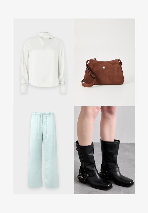 Bela satenasta bluza z visokim ovratnikom, sprednjo režo, dolgimi rokavi in zapenjanjem na gumbe na manšetah. Gladek tekstura in minimalističen dizajn.; Svetlo mint zelene široke hlače iz nabranega materiala. Imajo elastiko v pasu in stranske žepe za funkcionalnost.; Črne usnjene škornje do kolen s kvadratnim prstom, stranskim zadrgo in nastavljivim trakom, ki vsebuje kovinsko verigo kot dekoracijo. Mat zaključek in trden podplat.; Rjava semiš torba z zadrgo, nastavljivim naramnicam in srebrnimi dodatki, ki ima subtilno teksturirano površino.