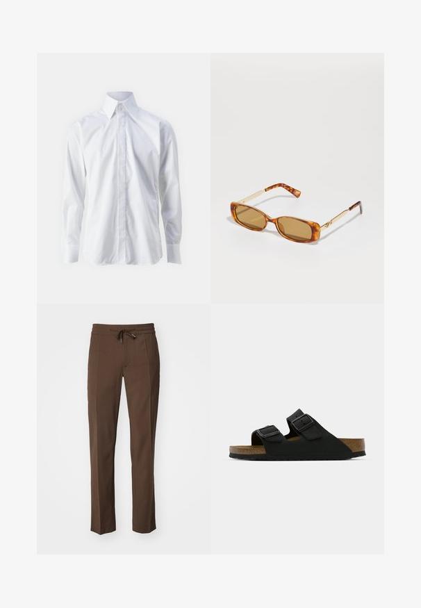 White long-sleeve shirt made of smooth fabric, featuring a classic collar, button front, and subtle embroidered logo on the bottom left.; Brown trousers with a drawstring waistband, tapered legs, and a smooth texture, featuring flat front design and no visible pockets.; Black sandal with two adjustable buckles, a cork footbed, and a textured, rubber sole. Features a minimalist design and open-toe style.; Brown tortoiseshell sunglasses with rectangular frames, gold metal arms, and light brown lenses. Sleek design, no visible logos.; Canvas tote bag in off-white, featuring short handles and the printed text "LES DEUX" in bold black letters. Durable, simple design.