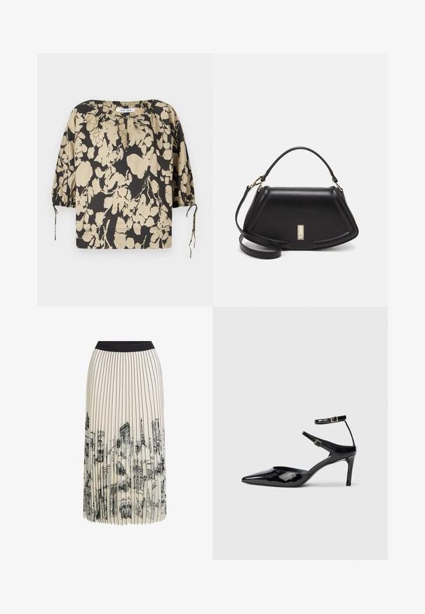 Black and beige floral blouse with a relaxed fit, round neckline, and puff sleeves. Features ties at the neckline and elastic cuffs.; Pleated skirt in cream with a black waistband featuring a detailed architectural sketch print in black, highlighting various building designs.; Black patent leather heels with a pointed toe, adjustable ankle straps, and a slender heel. Smooth texture with a shiny finish.; Black leather handbag with a structured design, featuring a cropped shape, top handle, and gold hardware accent. Adjustable shoulder strap included.