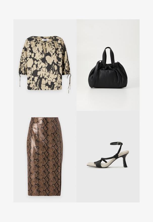 Sort og beige blomstret bluse med løs passform, rund halslinning og puffermet ermer. Har knyttinger ved halslinningen og elastiske mansjetter.; Brun slangeskinn-print blyantskjørt med blank overflate, med tettsittende design og vertikale sømmer for en strømlinjeformet silhuett.; Sorte helårs sandaler med flettet stroppesdesign, firkantet tå og justerbar ankelrem. Lys beige fotseng med glanset svart hæl.; Svart lærveske med en samlet toppdesign, som har to korte håndtak og en lang justerbar stropp. Glatt tekstur, rund form.