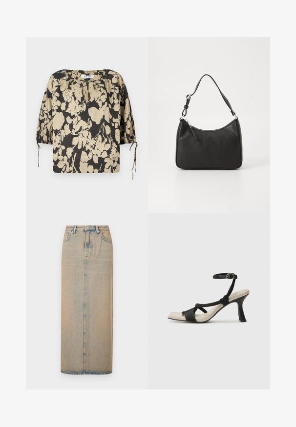 Melna un bēša ziedu blūze ar vaļīgu piegriezumu, apaļu kakla izgriezumu un pūderveida piedurknēm. Aprīkota ar aukliņām pie kakla un elastīgiem aprocēm.; Gara džinsa svārki gaiši zilos toņos ar taisnu griezumu. Iekļauj piecas kabatas, jostas cilpas un priekšējo pogu aizdari. Visā virsmā ir nodiluša tekstūra.; Melnas augstpapēžu sānijas ar pinuma siksnu dizainu, kvadrātveida purngali un regulējamu potītes siksnu. Gaismas beidzamais kāju paklājiņš ar spīdīgu melnu papēdi.; Melnas ādas rokassomu ar izliekta formu, vienu siksnu, ar rāvējslēdzēju aizdari un diskrētu zīmolu uz priekšpuses. Gluda tekstūra, minimālisma dizains.