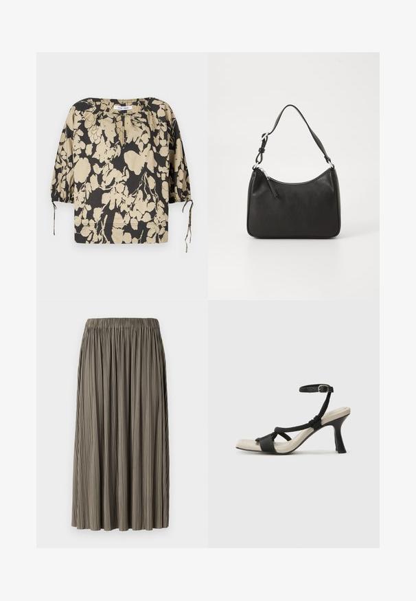 Black and beige floral blouse with a relaxed fit, round neckline, and puff sleeves. Features ties at the neckline and elastic cuffs.; Pleated midi skirt in a muted olive green tone with an elastic waistband, featuring vertical fabric texture and a flowing silhouette.; Black heeled sandal with braided strap design, square toe, and adjustable ankle strap. Light beige footbed with a glossy black heel.; Black leather handbag with a curved shape, a single strap, zip closure, and subtle branding on the front. Smooth texture, minimalist design.