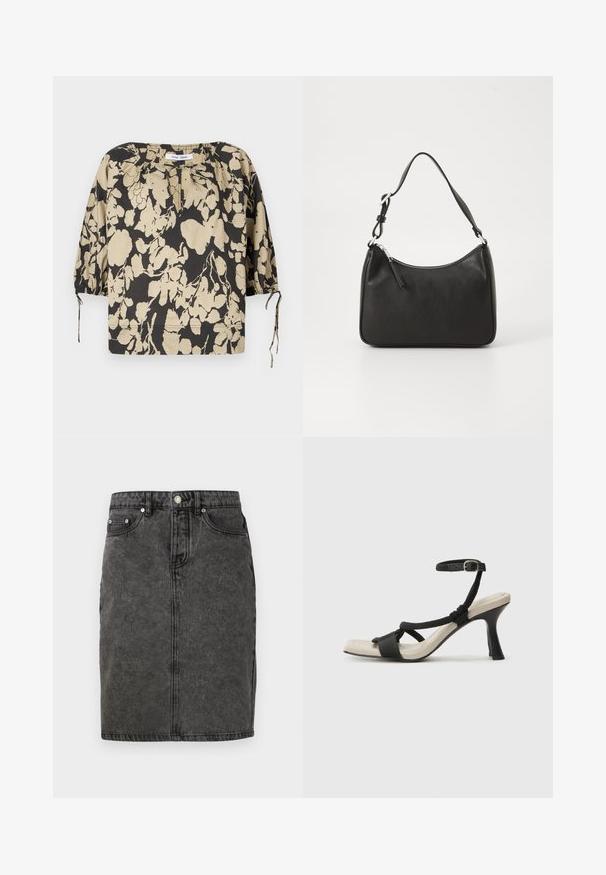 Blusa floral preta e bege com corte solto, decote redondo e mangas bufantes. Apresenta laços no decote e punhos elásticos.; Saia de ganga preta com corte recto, fecho frontal com botões, passadores para cinto e uma textura ligeiramente desgastada, com dois bolsos laterais.; Sandal com salto alto preto e design de tiras trançadas, bico quadrado e tira de tornozelo ajustável. Sola em tom bege claro com um salto preto brilhante.; Mala de mão em couro preto com formato curvo, uma alça, fecho em zip e uma marcação discreta na frente. Textura suave, design minimalista.