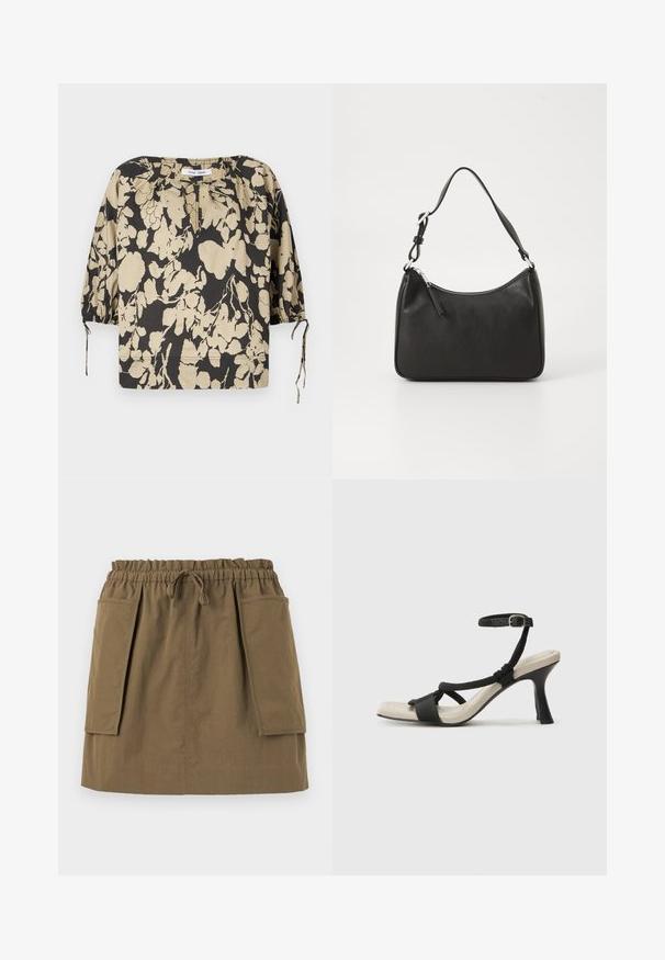 Sort og beige blomstret bluse med løs passform, rund halslinning og puffermet ermer. Har knyttinger ved halslinningen og elastiske mansjetter.; Olivengrønn, knelang skjørt med elastisk midje, snøring og to store sidelommer. Laget av lett stoff med synlige sømmer.; Sorte helårs sandaler med flettet stroppesdesign, firkantet tå og justerbar ankelrem. Lys beige fotseng med glanset svart hæl.; Svart lærveske med en buet form, en enkelt stropp, glidelåslukking og subtil merkevarebygging på forsiden. Glatt tekstur, minimalistisk design.