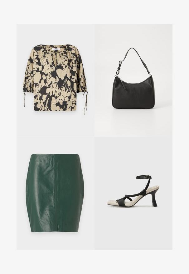 Melna un bēša ziedu blūze ar vaļīgu piegriezumu, apaļu kakla izgriezumu un pūderveida piedurknēm. Aprīkota ar aukliņām pie kakla un elastīgiem aprocēm.; Zaļš ādas mini svārks ar gludu tekstūru un pieguļošu formu. Ir beztaras dizains bez redzamām aizdarēm vai metāla elementiem.; Melnas augstpapēžu sānijas ar pinuma siksnu dizainu, kvadrātveida purngali un regulējamu potītes siksnu. Gaismas beidzamais kāju paklājiņš ar spīdīgu melnu papēdi.; Melnas ādas rokassomu ar izliekta formu, vienu siksnu, ar rāvējslēdzēju aizdari un diskrētu zīmolu uz priekšpuses. Gluda tekstūra, minimālisma dizains.