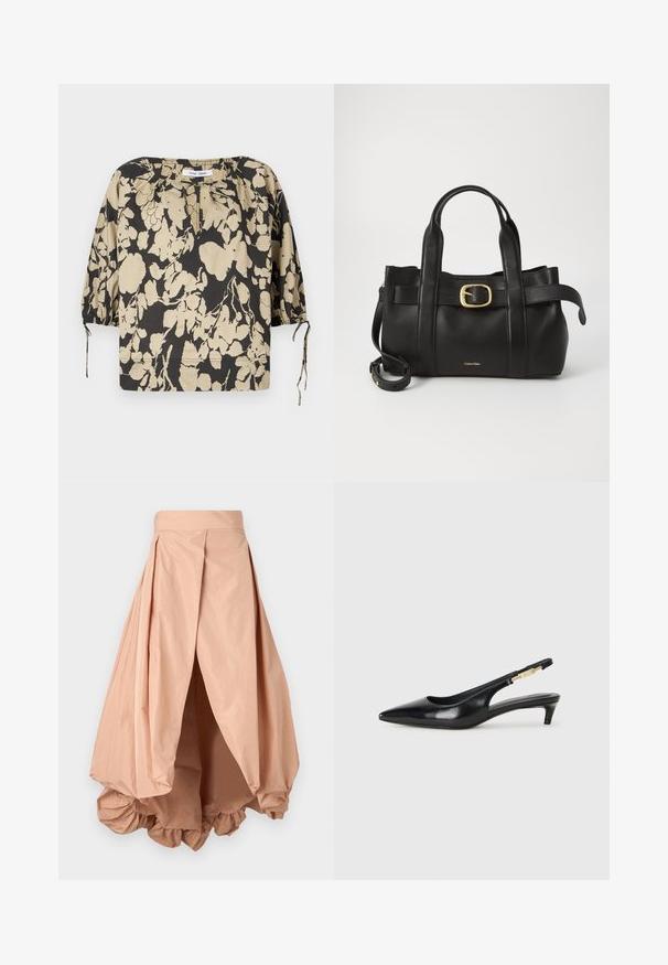 Sort og beige blomstret bluse med løs passform, rund halslinning og puffermet ermer. Har knyttinger ved halslinningen og elastiske mansjetter.; Pevemidde puffskjørt i ferskenfarge laget av lett materiale, med en samlet kant og plisserte detaljer i midjen for en voluminøs silhuett.; Sorte lærreim hæler med spiss tå, som har en slank hæl og en gullfarget detalj på den justerbare stroppen. Glatt tekstur.; Svart lærveske med en strukturert design, doble topphåndtak, gullfarget spenneakent og preget merke-logo foran.