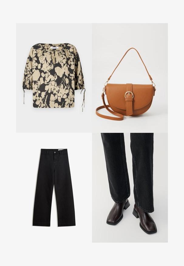 Black and beige floral blouse with a relaxed fit, round neckline, and puff sleeves. Features ties at the neckline and elastic cuffs.; Black wide-leg denim pants with a high waist, featuring front and back pockets, stitched seams, and a button closure. Smooth texture.; Brown leather ankle boots with a square toe and block heel, paired with black wide-leg jeans. Smooth texture and minimalistic design.; Brown leather crossbody bag with a curved shape, gold hardware, and a buckle accent. Features a detachable shoulder strap.