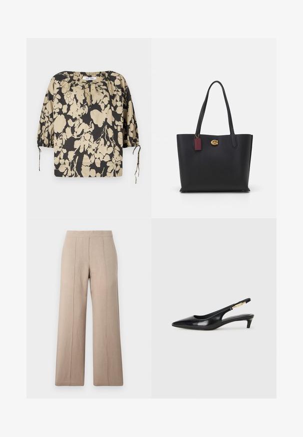 Must ja beež lillemustriga pluus, lõdva lõikega, ümmarguse kaelusega ja patsiliste varrukatega. Kaelusel on nöörid ja varrukate mansetid on elastsed.; Kergedelbe geomehised püksid, mis on valmistatud kergest kangast, ees on voldid, sujuv vöökoht ja sirge lõige puhaste servadega.; Mustad nahast slingback kontsad terava ninaga, millel on õhuke konts ja kuldse tooni aktsent reguleeritaval rihmal. Sile tekstuur.; Must musta kott, millel on kaks pikka sangat, tekstuuriga viimistlus, kuldne riistvara ja burgundi värvi silt. Ruumikas disain avatud ülaosaga.