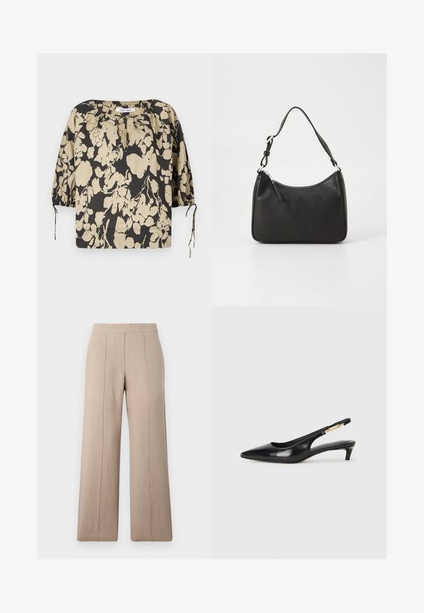 Sort og beige blomstret bluse med løs passform, rund halslinning og puffermet ermer. Har knyttinger ved halslinningen og elastiske mansjetter.; Lys beige vide bukser laget av lett stoff, med frontfold, en jevn midje og rett snitt med rene sømmer.; Sorte lærreim hæler med spiss tå, som har en slank hæl og en gullfarget detalj på den justerbare stroppen. Glatt tekstur.; Svart lærveske med en buet form, en enkelt stropp, glidelåslukking og subtil merkevarebygging på forsiden. Glatt tekstur, minimalistisk design.