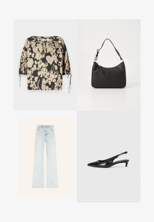 Sort og beige blomstret bluse med løs passform, rund halslinning og puffermet ermer. Har knyttinger ved halslinningen og elastiske mansjetter.; Lys blå vide jeans med høy midje, laget av denim; har subtile slitasjer og en ren kant. Ingen synlige metall detaljer.; Sorte lærreim hæler med spiss tå, som har en slank hæl og en gullfarget detalj på den justerbare stroppen. Glatt tekstur.; Svart lærveske med en buet form, en enkelt stropp, glidelåslukking og subtil merkevarebygging på forsiden. Glatt tekstur, minimalistisk design.