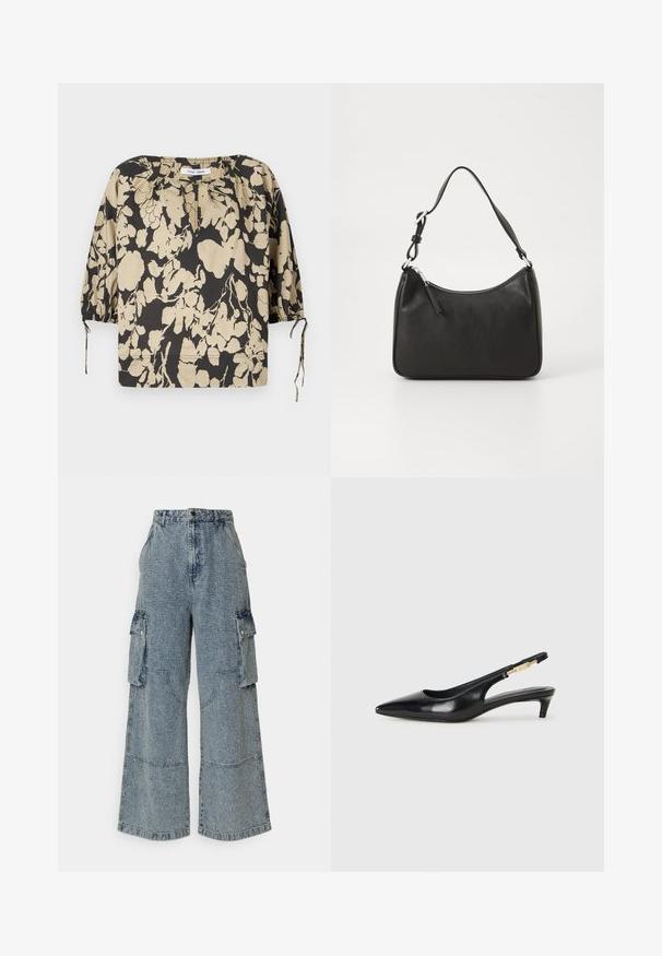 Blusa floral preta e bege com corte solto, decote redondo e mangas bufantes. Apresenta laços no decote e punhos elásticos.; Calças de ganga cargo em azul claro, de perna larga, com bolsos frontais e laterais, acabamento texturizado e detalhes de costura visíveis.; Saltos slingback em couro preto com bico fino, apresentando um salto esguio e um detalhe em tom dourado na alça ajustável. Textura suave.; Mala de mão em couro preto com formato curvo, uma alça, fecho em zip e uma marcação discreta na frente. Textura suave, design minimalista.