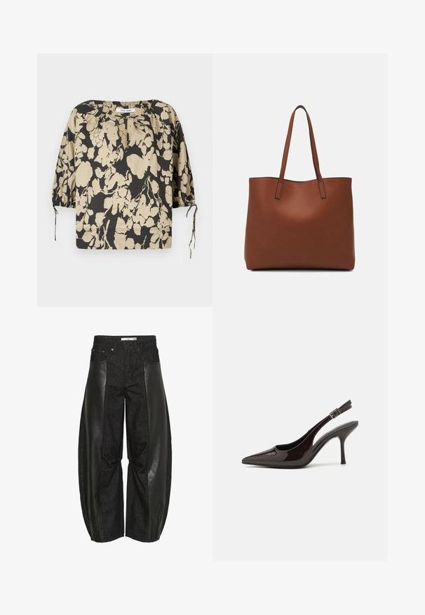 Black and beige floral blouse with a relaxed fit, round neckline, and puff sleeves. Features ties at the neckline and elastic cuffs.; Black trousers featuring a mix of denim and leather panels. The design is wide-legged with texture variations, creating distinct visual contrast.; Slingback high-heeled shoe in glossy dark brown patent leather, pointed toe, open sides, and adjustable ankle strap.; Brown leather tote bag with a smooth texture, open top design, and two shoulder straps. Features minimal stitching and no visible hardware.