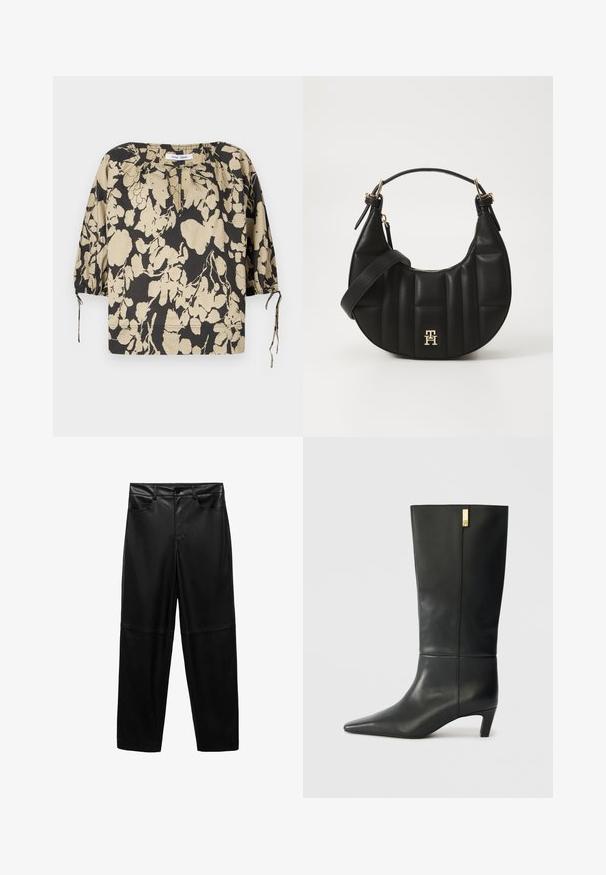 Black and beige floral blouse with a relaxed fit, round neckline, and puff sleeves. Features ties at the neckline and elastic cuffs.; Black faux leather trousers with a straight-leg design, featuring two front pockets and a smooth, matte texture.; Black leather knee-high boot with a pointed toe and a small heel. Features a sleek design with a gold accent detail. Smooth texture.; Black leather handbag with a curved shape, quilted texture, and gold hardware. Features a detachable shoulder strap and logo detail.
