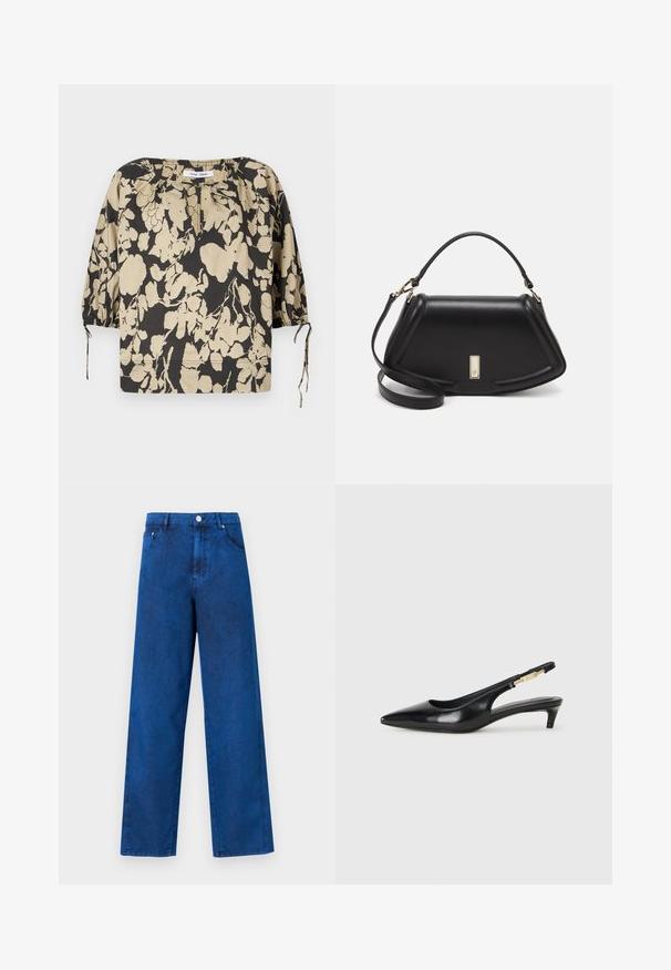 Black and beige floral blouse with a relaxed fit, round neckline, and puff sleeves. Features ties at the neckline and elastic cuffs.; Blue denim wide-leg pants with a high waist, featuring stitching details, front pockets, and a metal button closure.; Black leather slingback heels with a pointed toe, featuring a slim heel and a gold-tone accent on the adjustable strap. Smooth texture.; Black leather handbag with a structured design, featuring a cropped shape, top handle, and gold hardware accent. Adjustable shoulder strap included.