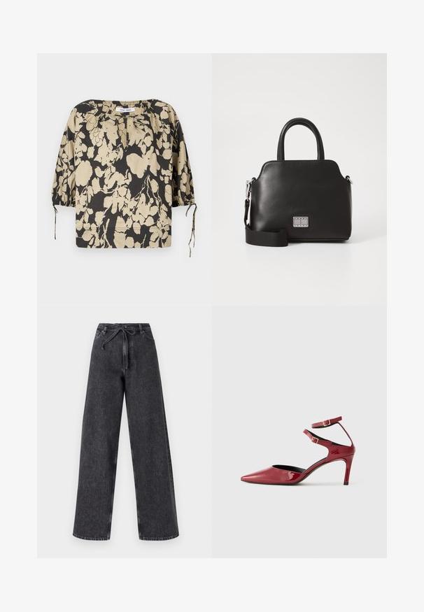 Schwarze und beige Blumenbluse mit lockerem Schnitt, rundem Ausschnitt und Puffärmeln. Mit Bindebändern am Ausschnitt und elastischen Bündchen.; Hochtaillierte, weit geschnittene schwarze Jeans aus Denim mit einem Kordelzugverschluss. Verfügt über eine verwaschene Textur und subtile Steppdetails.; Glänzender roter spitzer High Heel Schuh mit zwei Knöchelriemen und goldenen Schnallen, seitlich vor einem schlichten weißen Hintergrund dargestellt.; Schwarze synthetische Handtasche mit oberen Griffen, abnehmbarem Schultergurt, runder Form, glatter Textur und silbernem Logo-Akzent auf der Vorderseite.