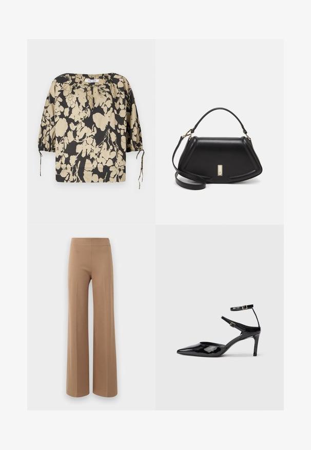 Black and beige floral blouse with a relaxed fit, round neckline, and puff sleeves. Features ties at the neckline and elastic cuffs.; Wide-legged pants in a light brown, stretch fabric with a smooth texture and a high, elastic waistband. No visible closure or pockets.; Black patent leather heels with a pointed toe, adjustable ankle straps, and a slender heel. Smooth texture with a shiny finish.; Black leather handbag with a structured design, featuring a cropped shape, top handle, and gold hardware accent. Adjustable shoulder strap included.