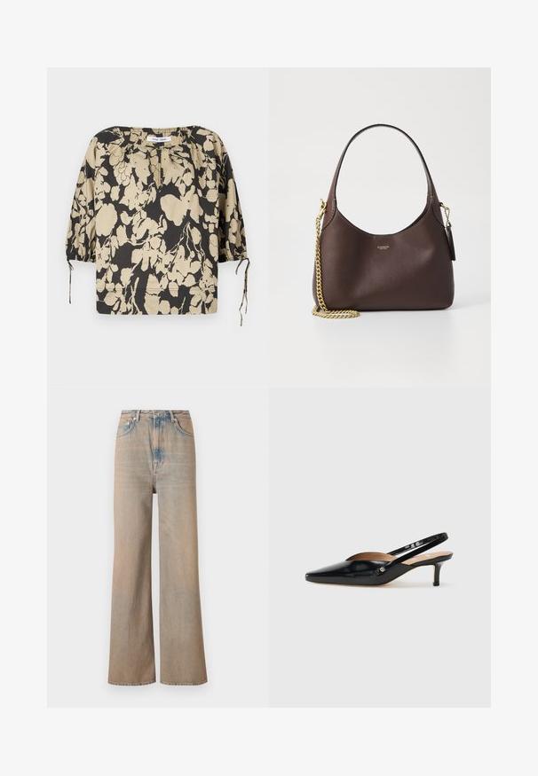 Must ja beež lillemustriga pluus, lõdva lõikega, ümmarguse kaelusega ja patsiliste varrukatega. Kaelusel on nöörid ja varrukate mansetid on elastsed.; Heled pesu laiad püksid kõrge taljega, valmistatud denimist. Omavad peent õmblust ja viit taskut ning neil on veidi kulunud tekstuur.; Must mustaalk naha Slingback-kingad terava varba, väikese kontsaga ja lõikega kujundusega ülevalt. Kuldse tooni detail küljel.; COACH BROOKLYN SHOULDER BAG 23 - Käekott - maple